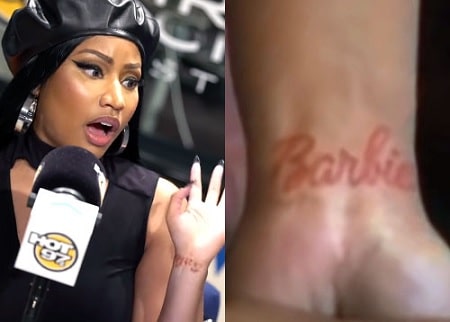 A picture of Barbie Tattoo on Nicki Minaj's left wrist.